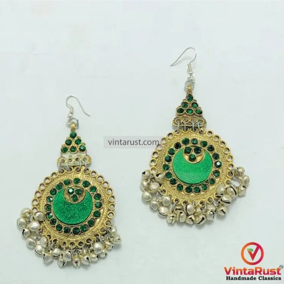 Vintage Style Green Afghan Earrings, Tribal Big Earrings - Picture 1 of 5